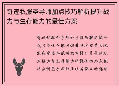 奇迹私服圣导师加点技巧解析提升战力与生存能力的最佳方案